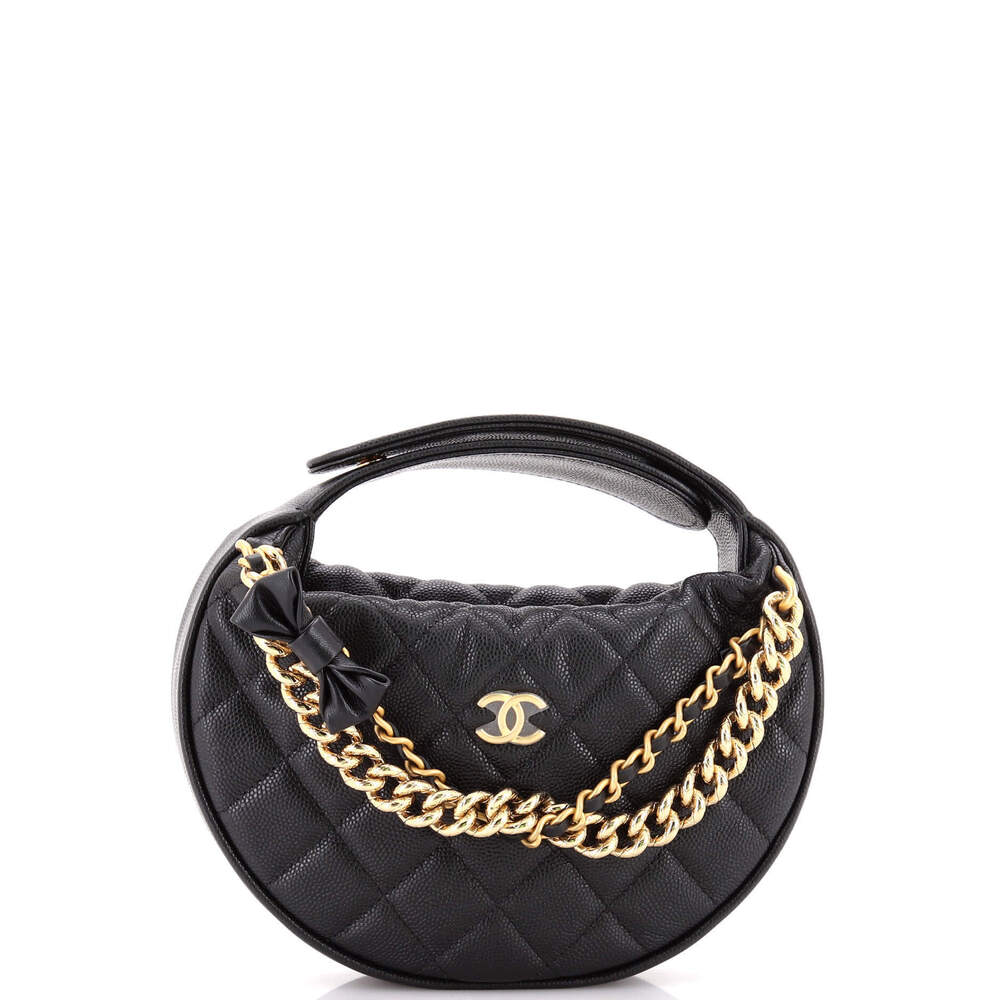Chanel Mini Double Chain Bow Hobo Pouch Quilted Caviar